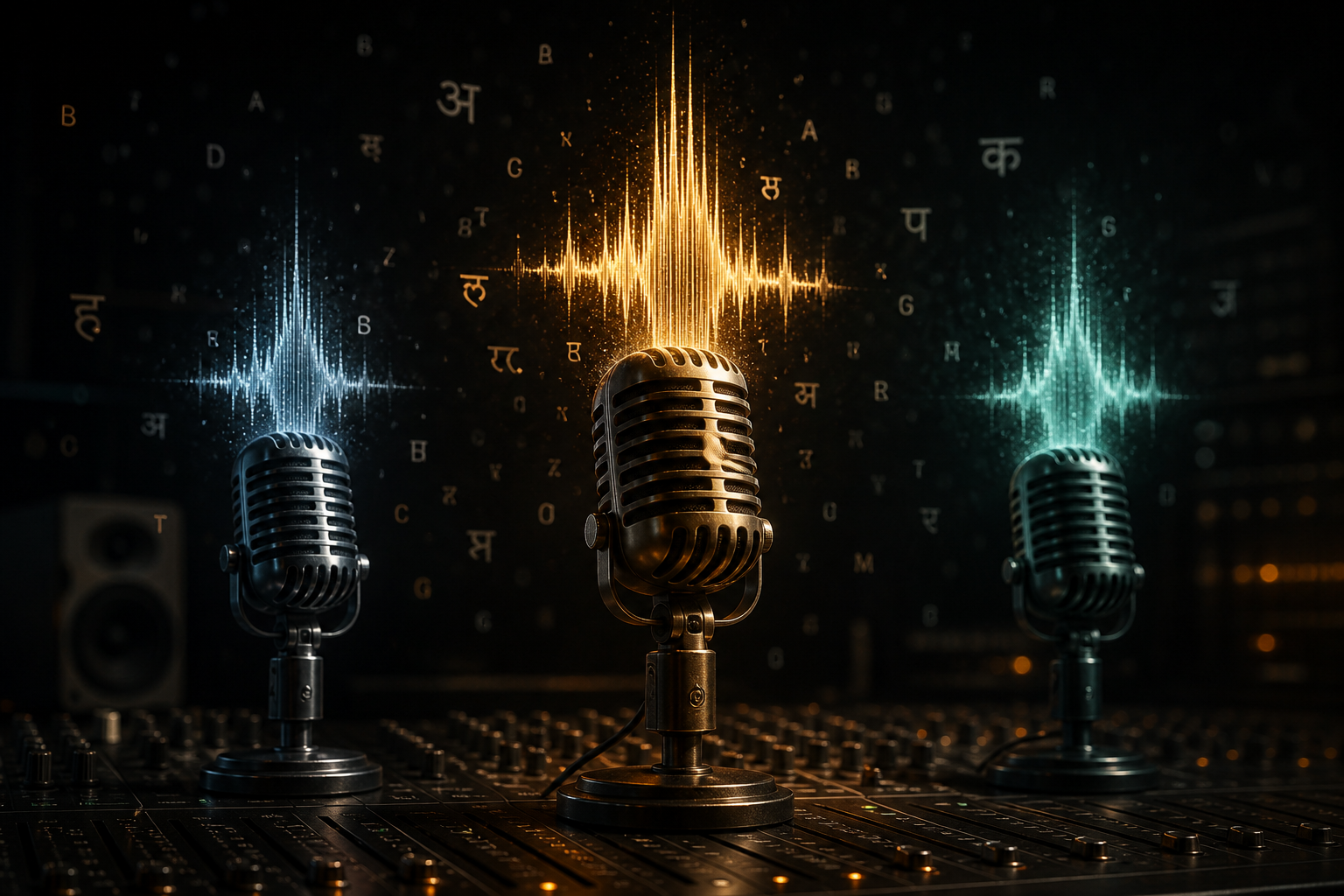 Studio microphones on a dark mixing desk with amber, silver, and teal audio waveforms