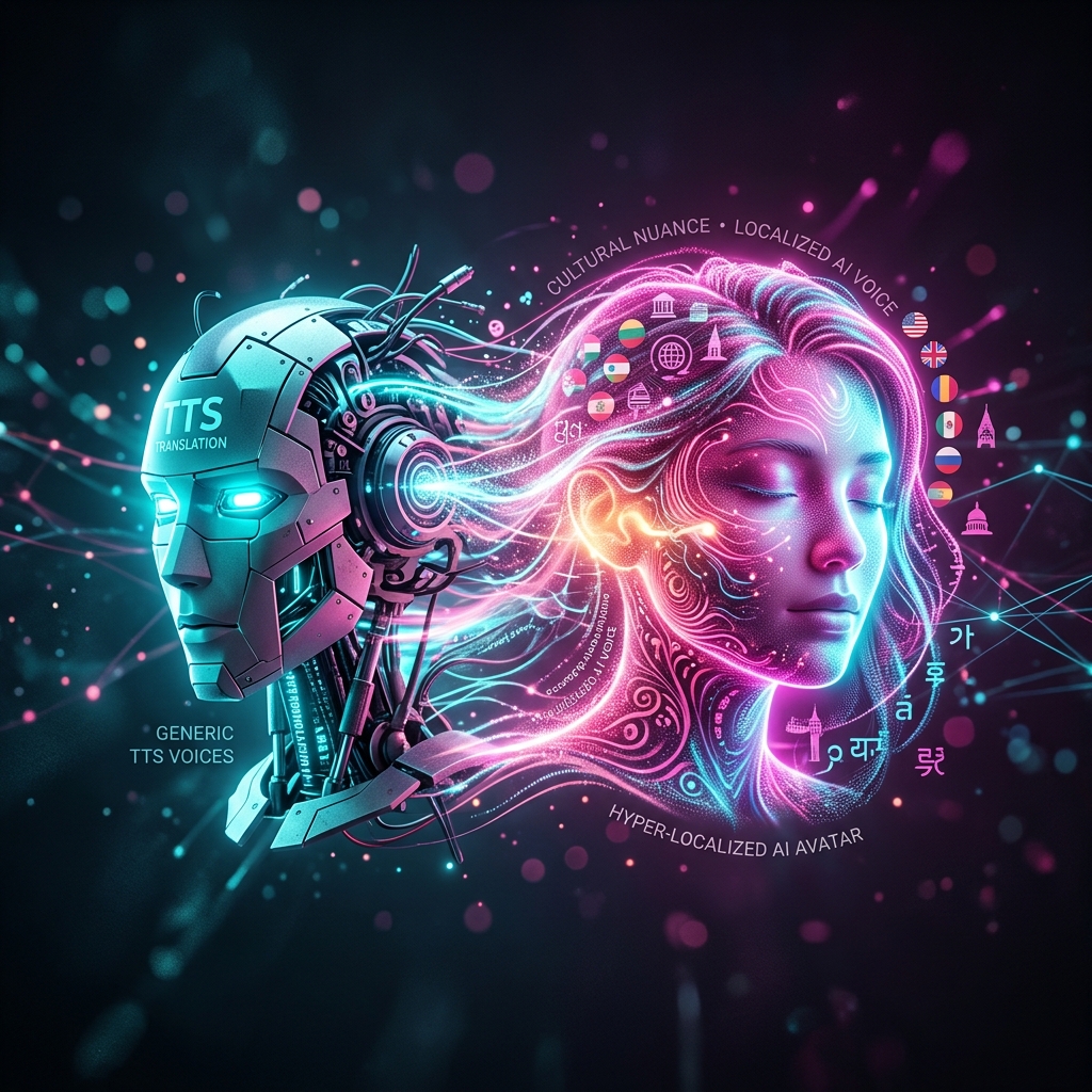 Conceptual 3D illustration showing robot head transforming to human avatar