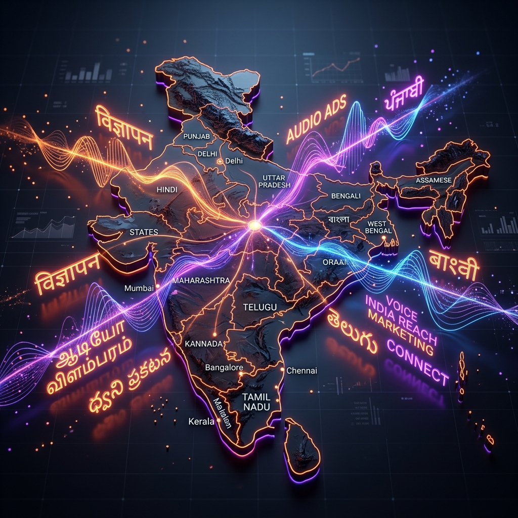 Glowing 3D map of India showing multilingual audio waves