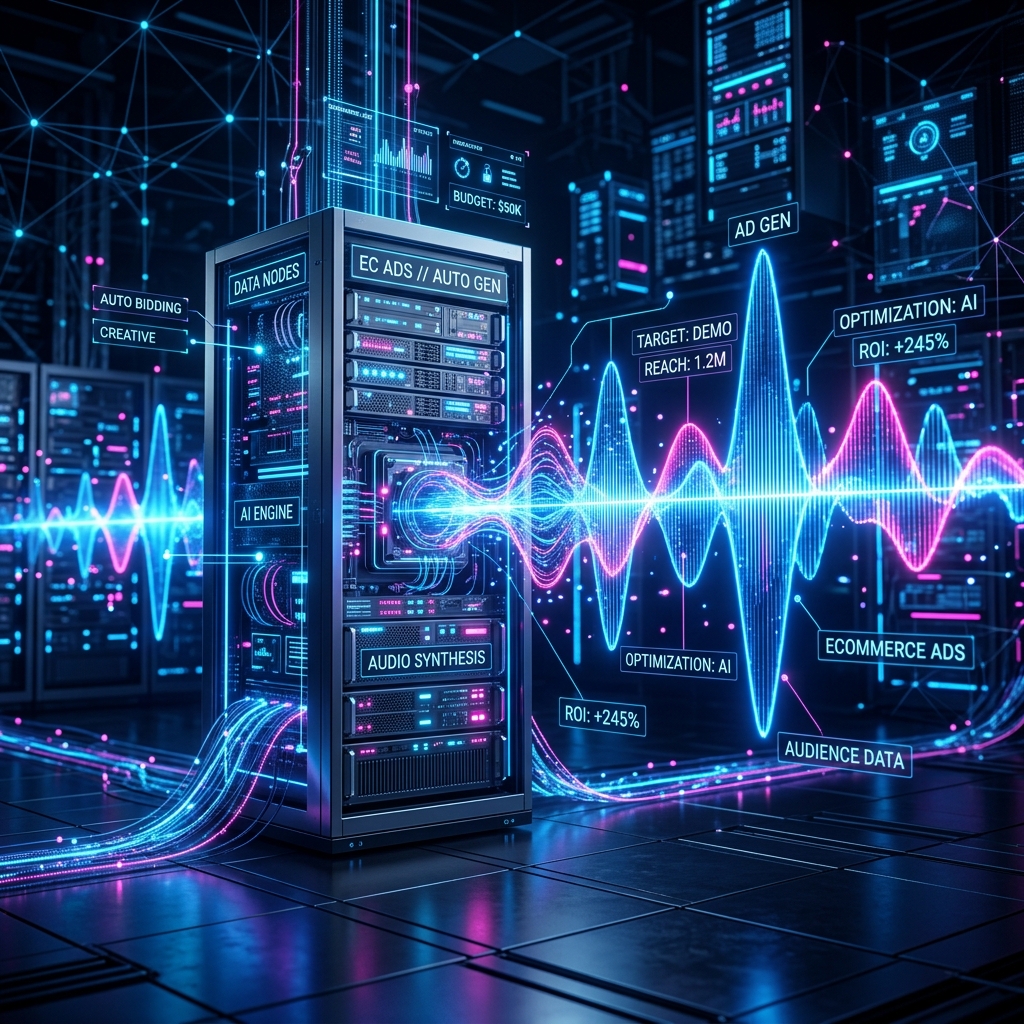 Futuristic 3D visualization of a server rack connecting to audio waves